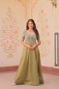 Mehendi green A-line embroidered Anarkali gown with long sleeves and heavy flair