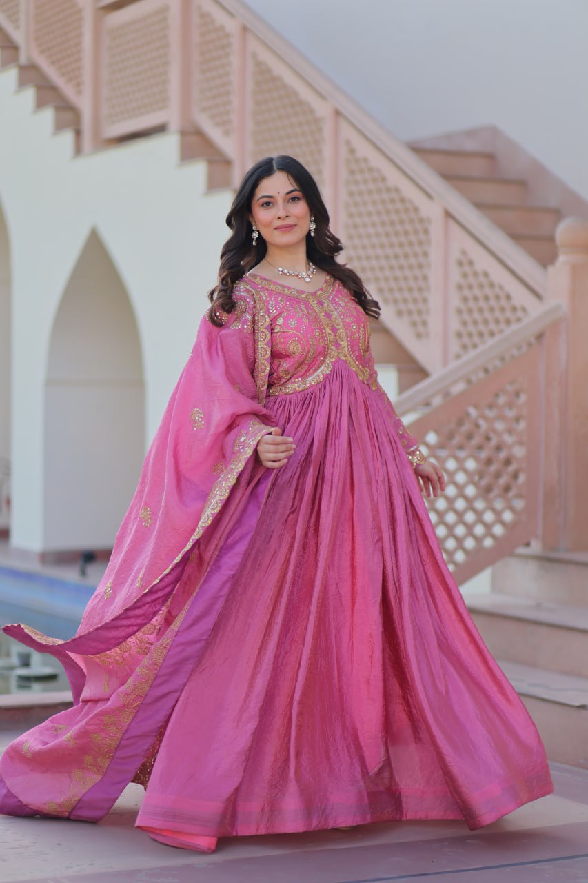 Pink Gold Crush Sequins Embroidered Anarkali Set with Dupatta