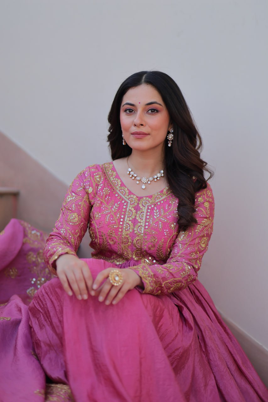Pink Gold Crush Sequins Embroidered Anarkali Set with Dupatta