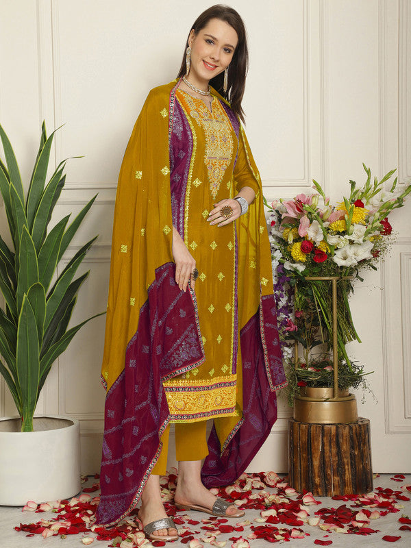 Mustard Chinon Chiffon Embroidered Straight Suit Set for Women