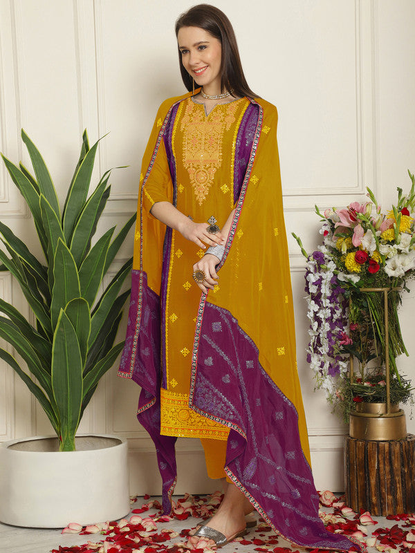 Mustard Chinon Chiffon Embroidered Straight Suit Set for Women