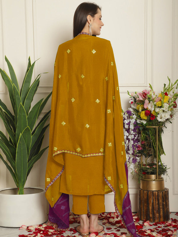 Mustard Chinon Chiffon Embroidered Straight Suit Set for Women