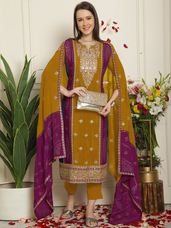 Mustard Chinon Chiffon straight kurta with intricate embroidery and V-neckline