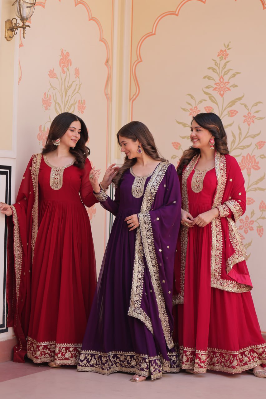 Women's Maroon, Purple & Rani Faux Blooming Anarkali Set with Dupatta
