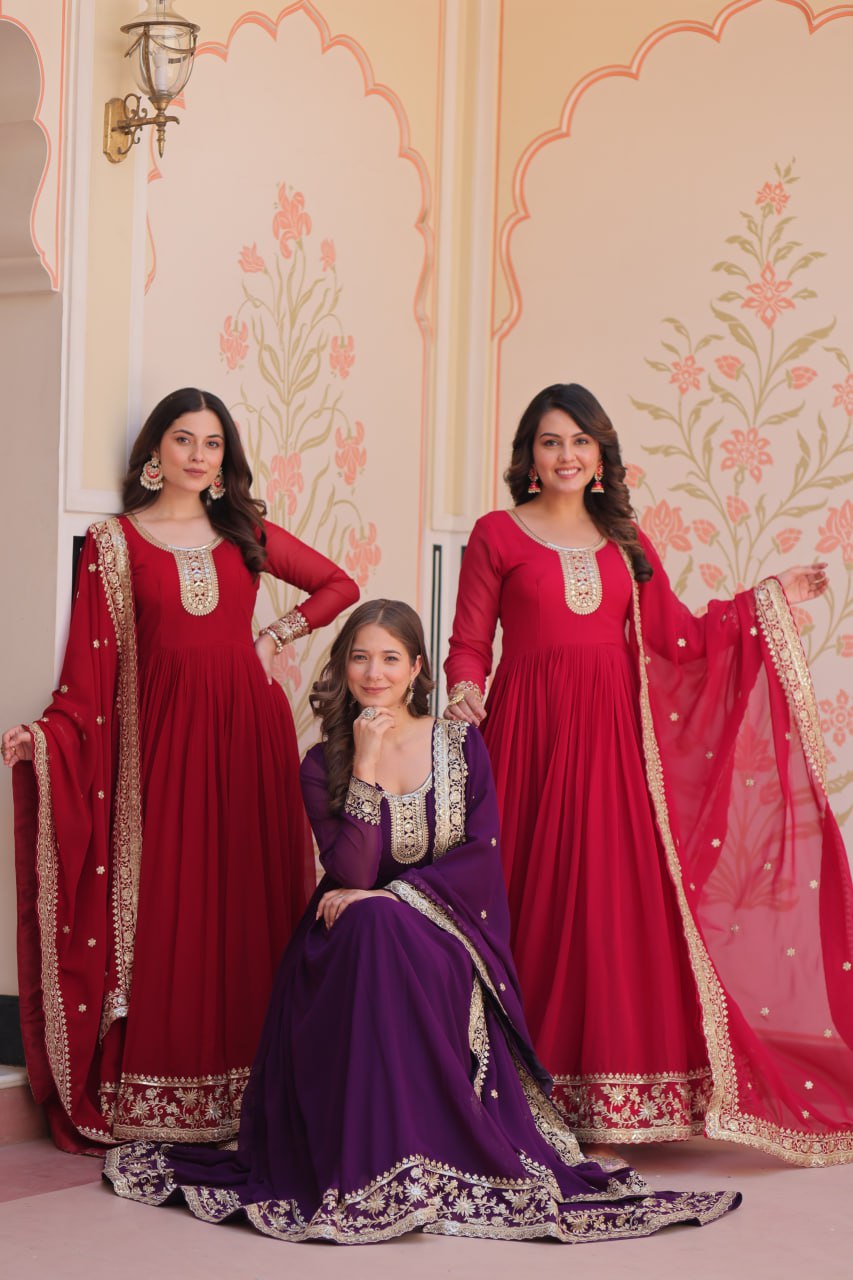 Women's Maroon, Purple & Rani Faux Blooming Anarkali Set with Dupatta