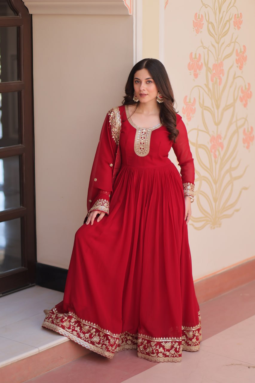 Maroon Faux Blooming Sequins & Zari Embroidered Anarkali Set