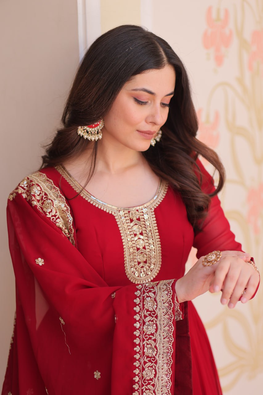 Maroon Faux Blooming Sequins & Zari Embroidered Anarkali Set