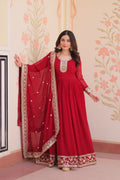 Maroon faux blooming Anarkali set with detailed zari and sequins work and matching dupatta
