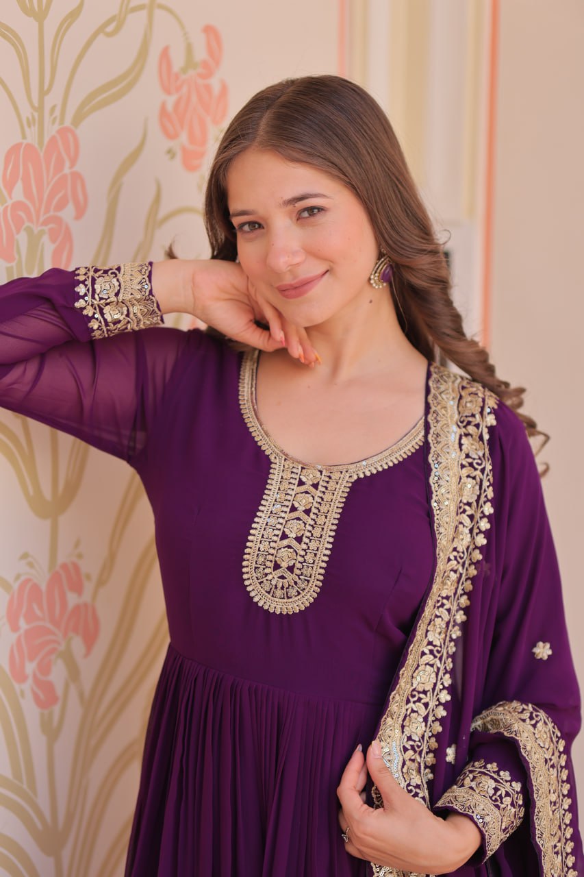 Jyoti Fashion Women's Purple Faux Blooming Sequins & Zari Embroidered Anarkali Set With Dupatta