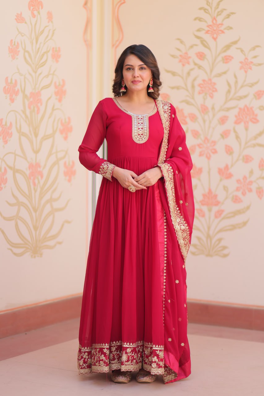 Jyoti Fashion Women's Rani Pink Faux Blooming Sequins & Zari Embroidered Anarkali Set With Dupatta