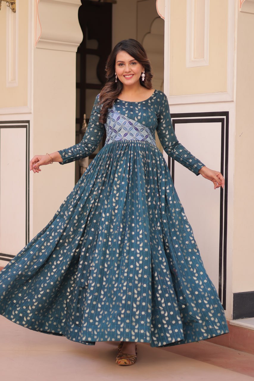 Teal Jacquard Weaving A-Line Anarkali Set with Round Neck