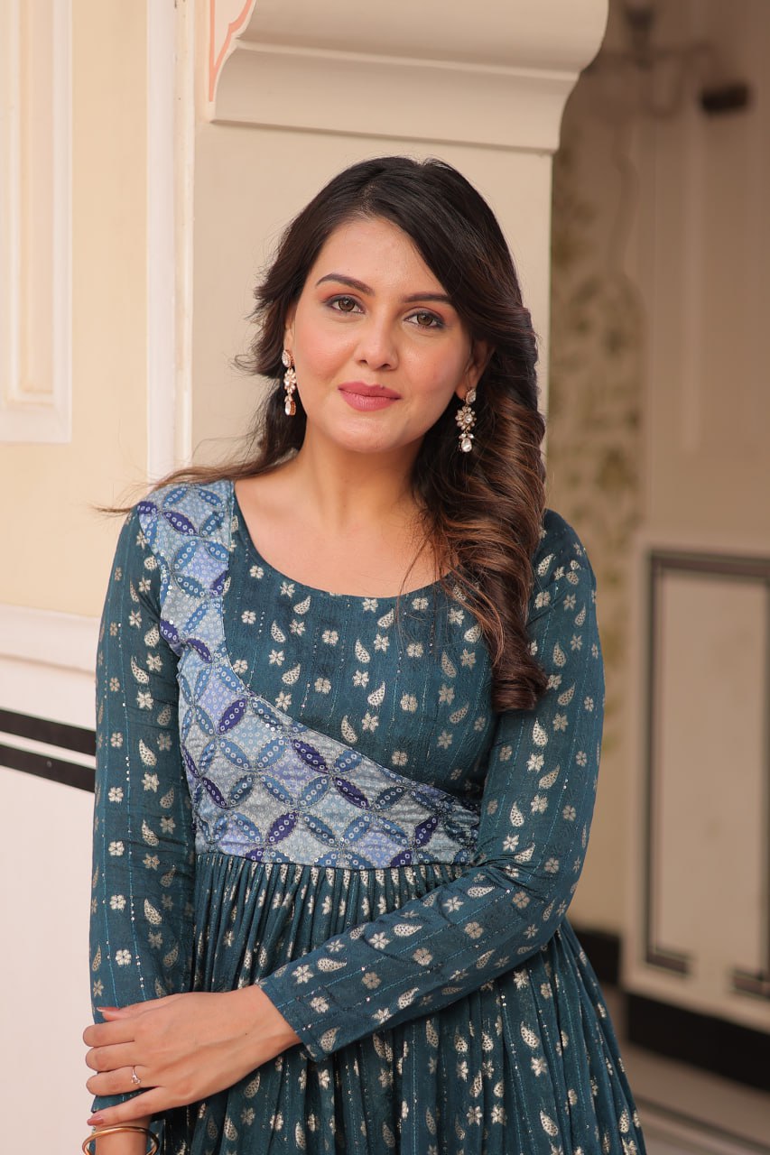 Teal Jacquard Weaving A-Line Anarkali Set with Round Neck