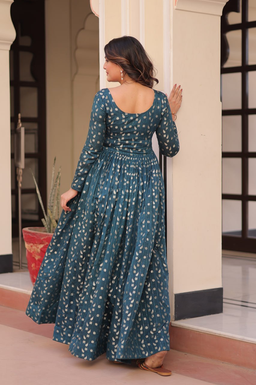 Teal Jacquard Weaving A-Line Anarkali Set with Round Neck