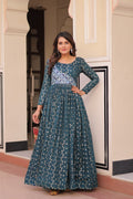 Teal A-line Anarkali dress with Jacquard weaving and a round neckline