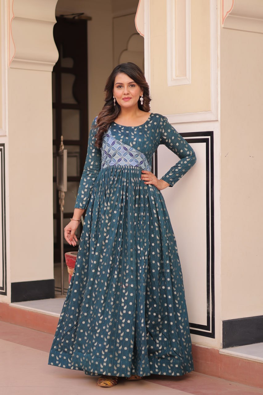 Teal A-line Anarkali dress with Jacquard weaving and a round neckline