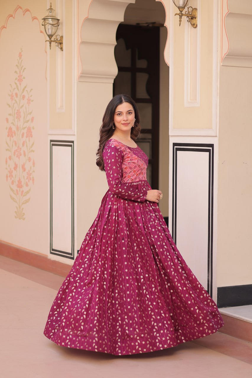 Women's Wine Jacquard Weaving A-Line Anarkali Set