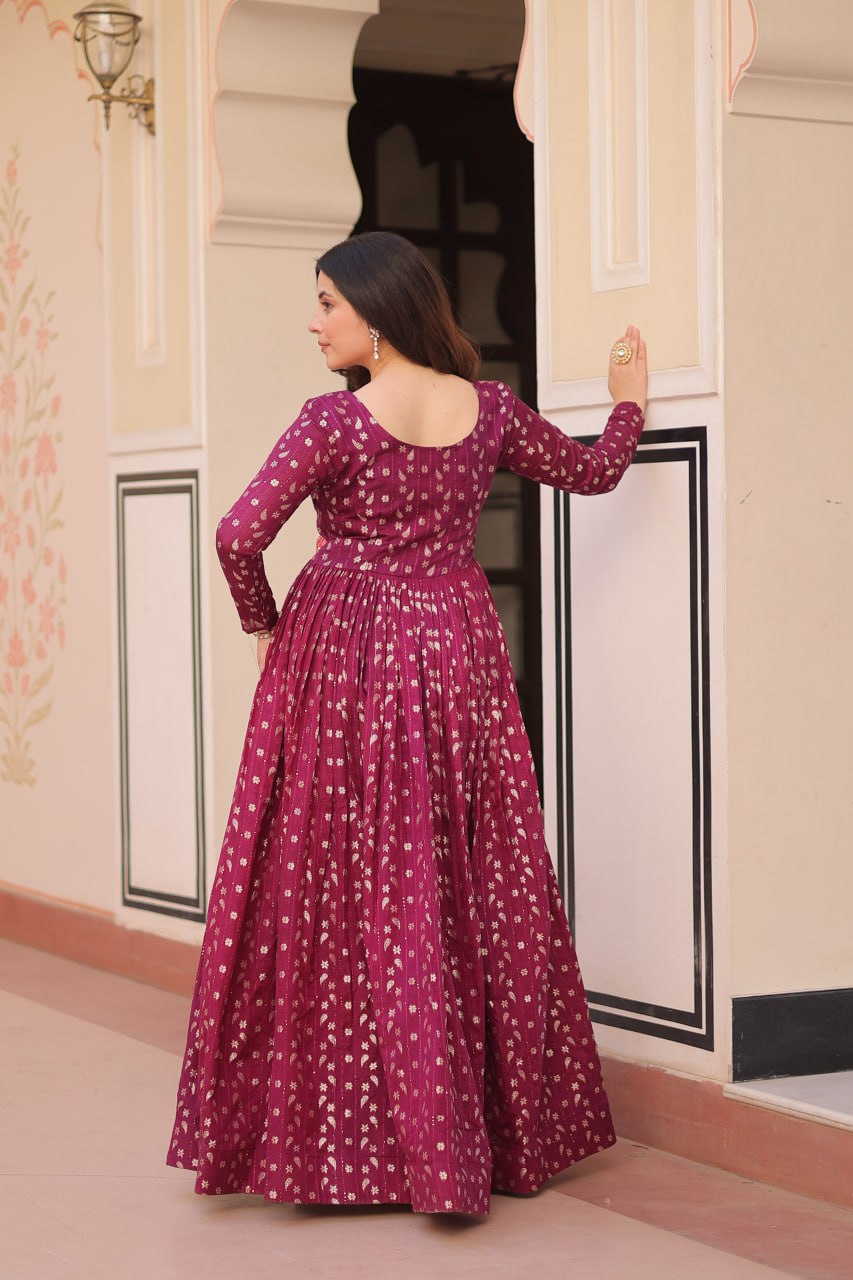 Women's Wine Jacquard Weaving A-Line Anarkali Set