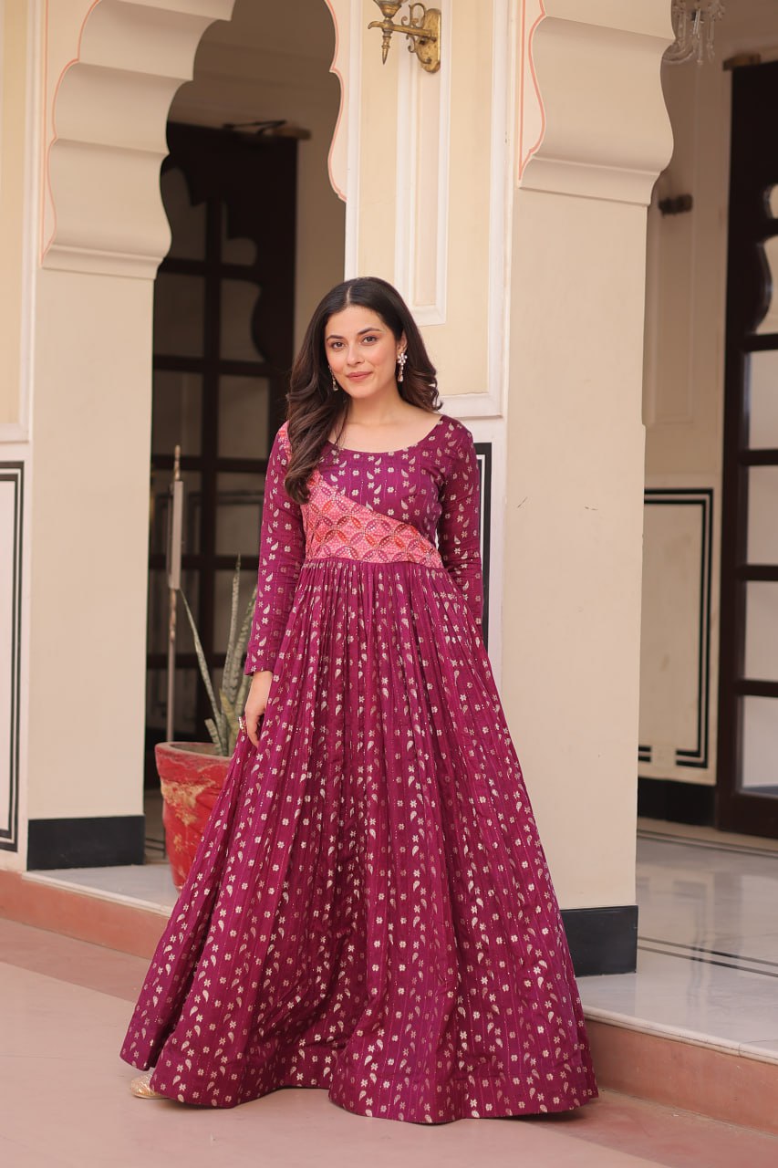 Women's Wine Jacquard Weaving A-Line Anarkali Set with round neck