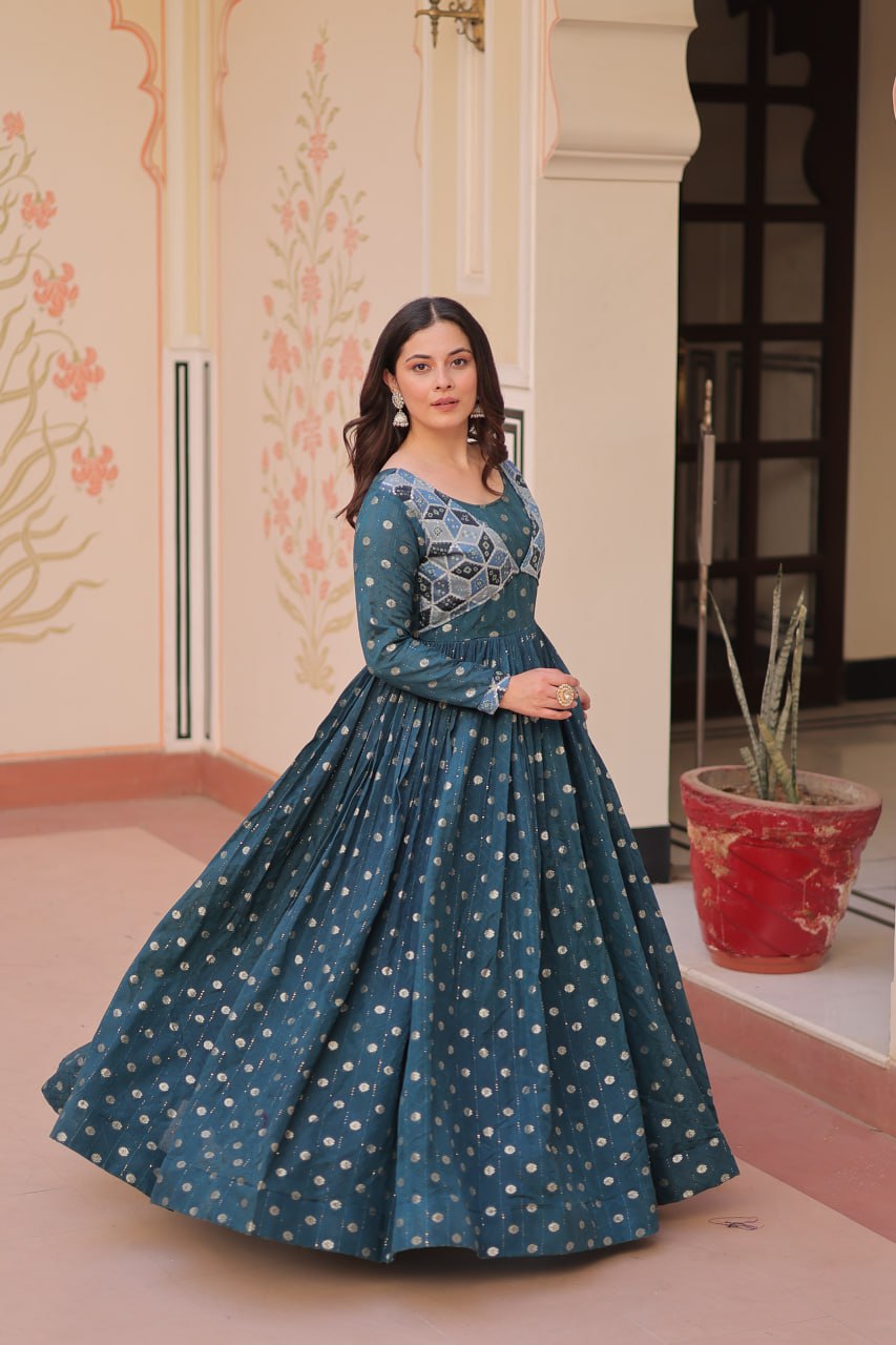 Jyoti Fashion Women's Teal Staple Jacquard Weaving Long Designer Anarkali Set