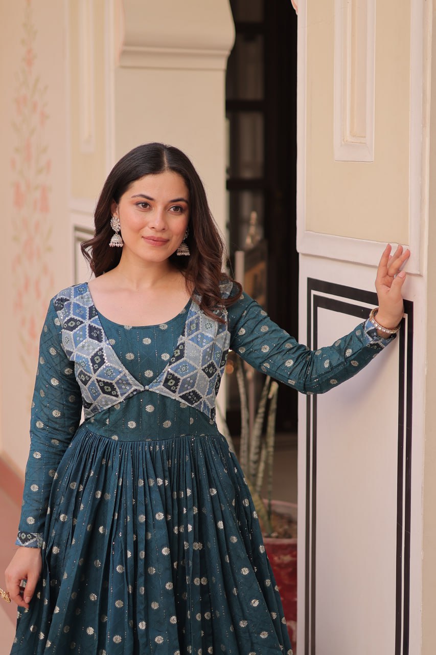Jyoti Fashion Women's Teal Staple Jacquard Weaving Long Designer Anarkali Set