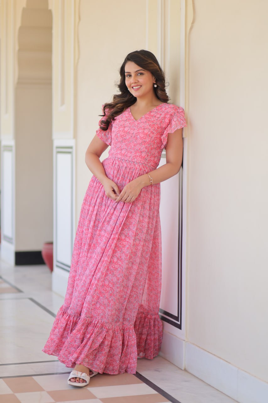 Jyoti Fashion Women's Baby Pink Faux Georgette Printed Long Designer Anarkali Set