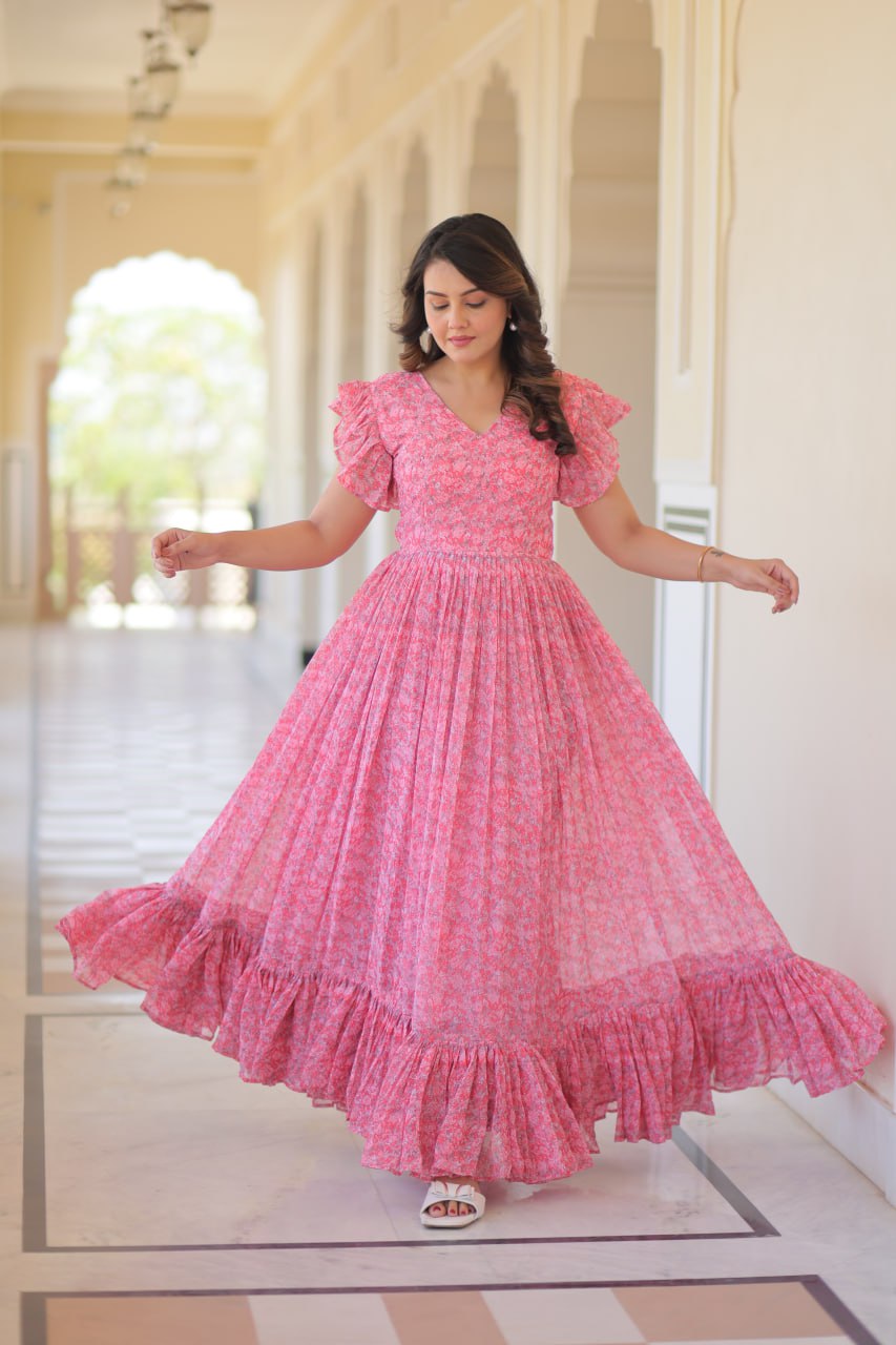 Jyoti Fashion Women's Baby Pink Faux Georgette Printed Long Designer Anarkali Set