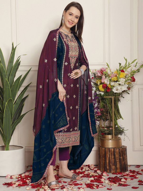 Women's Magenta Chinon Chiffon Embroidered Straight Suit Set