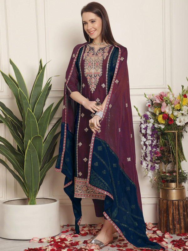 Women's Magenta Chinon Chiffon Embroidered Straight Suit Set