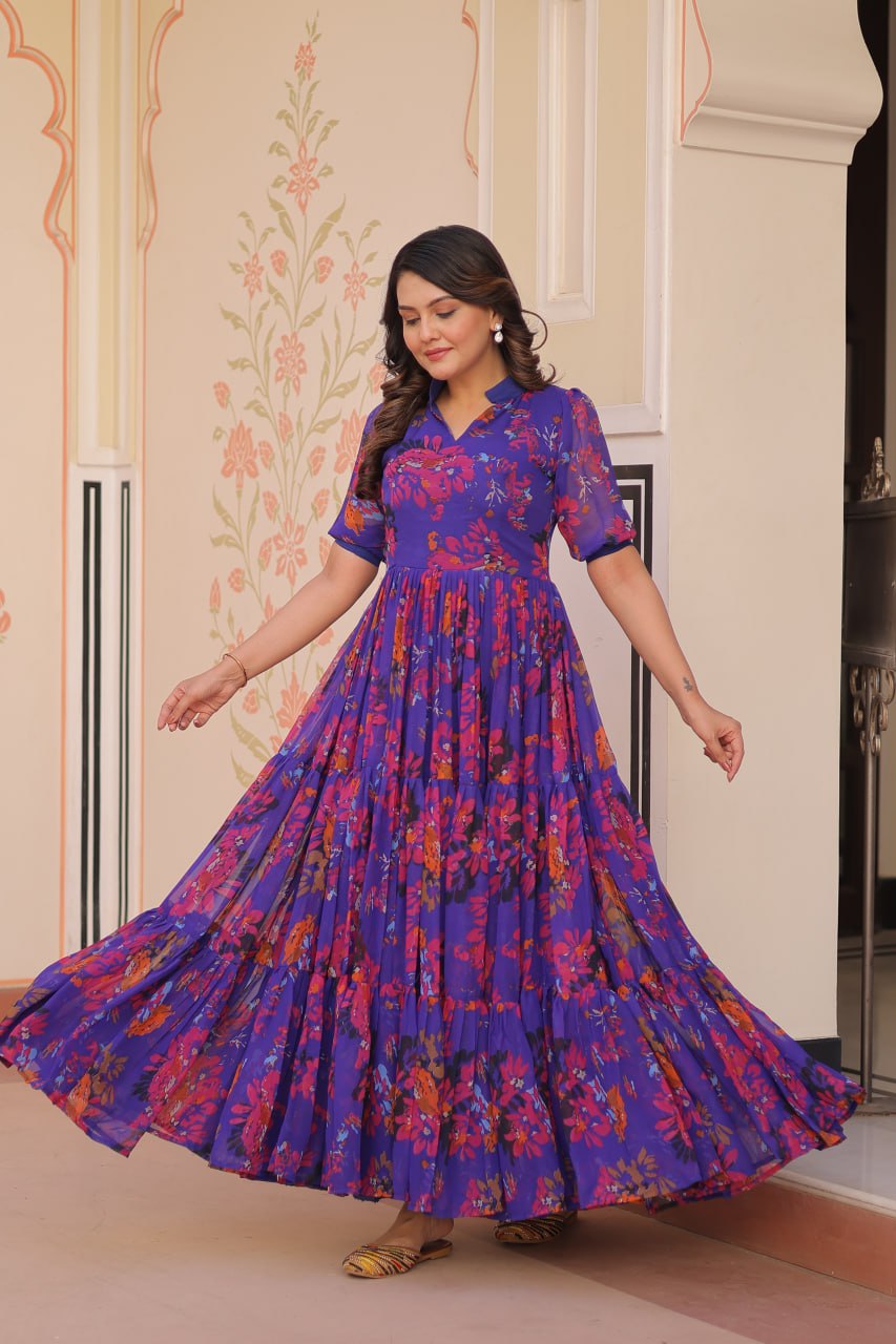 Purple Faux Georgette Printed A-Line Long Designer Anarkali Set