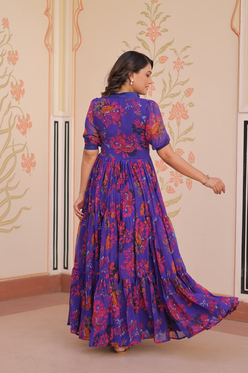 Purple Faux Georgette Printed A-Line Long Designer Anarkali Set