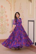 Woman wearing a purple faux georgette printed long A-line Anarkali set with 12-meter flair