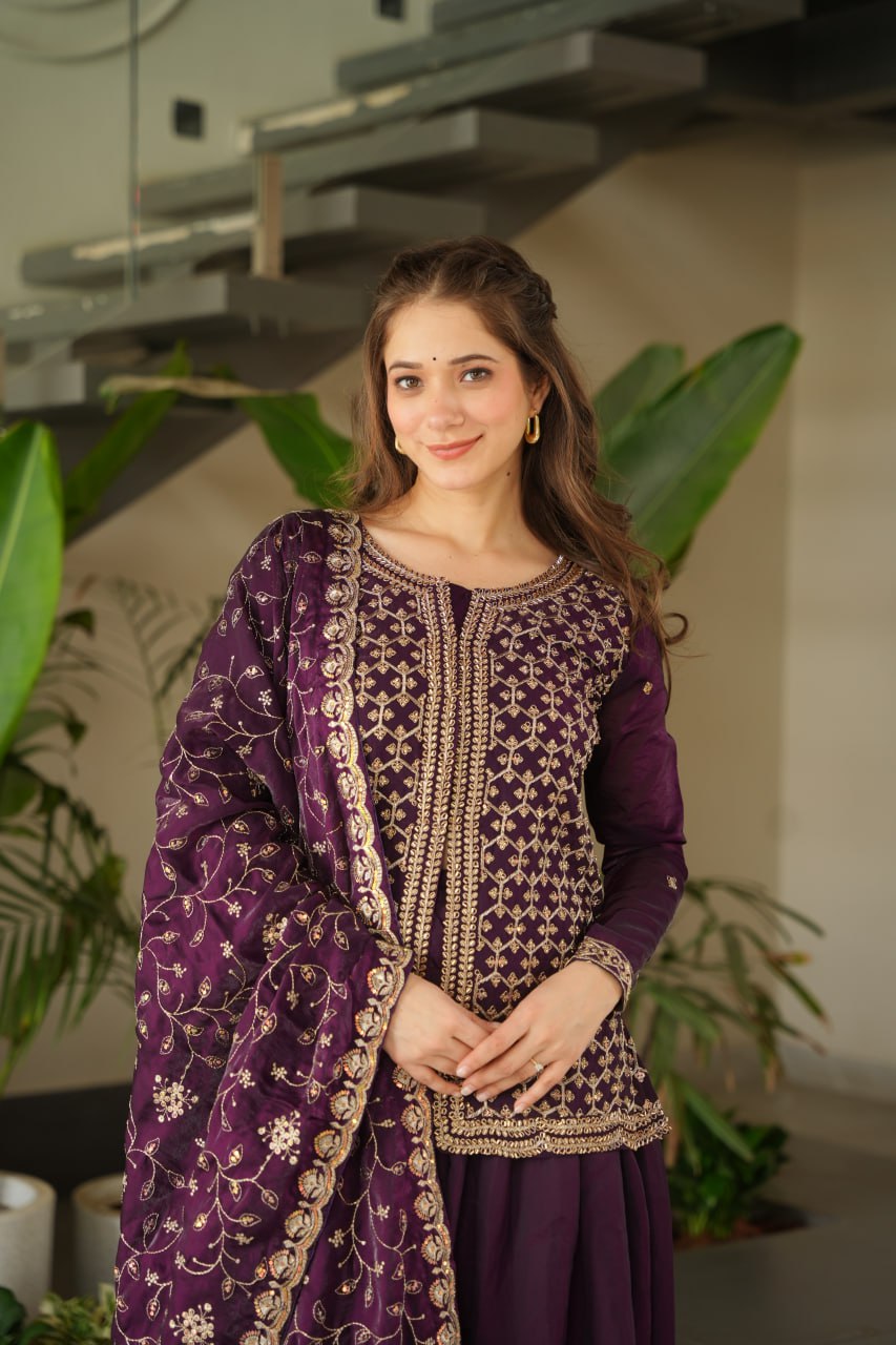 Wine Fendi Rich Beads Embroidered Sharara Set with Dupatta