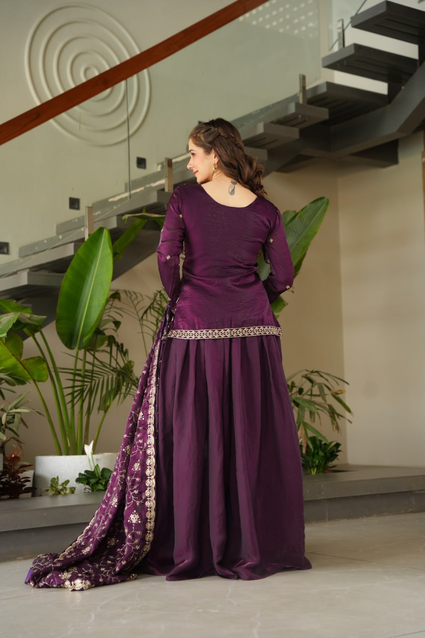 Wine Fendi Rich Beads Embroidered Sharara Set with Dupatta