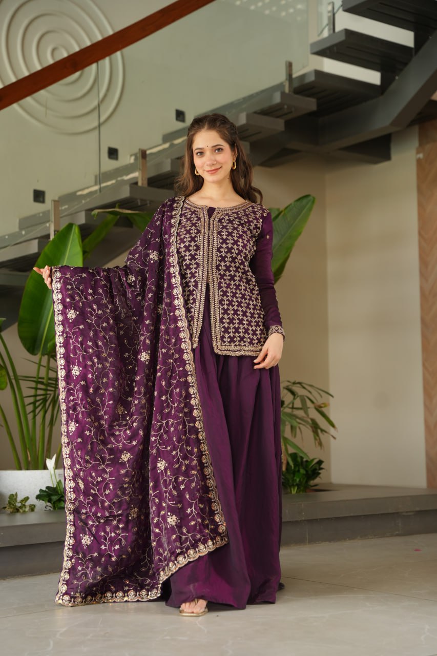 Wine Fendi Rich Beads Embroidered Sharara Set with Dupatta