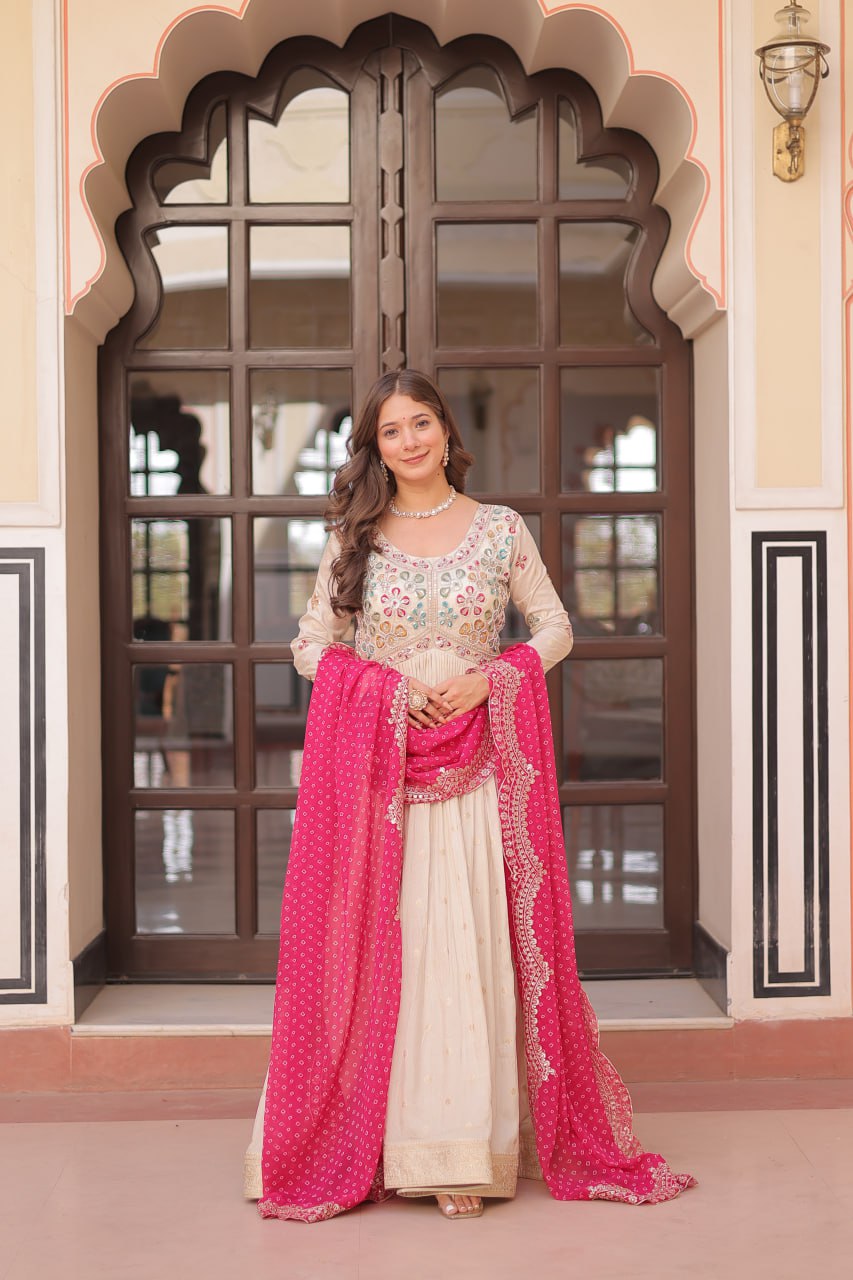 Pink Cosmos Jacquard Pearl Beads Embroidered Anarkali Set