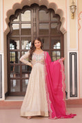 Pink Cosmos Jacquard Anarkali set with pearl beads and A-line silhouette