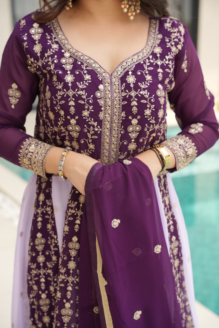 Jyoti Fashion Women's Purple Faux Blooming Zari & Sequins Embroidered Anarkali Set With Dupatta