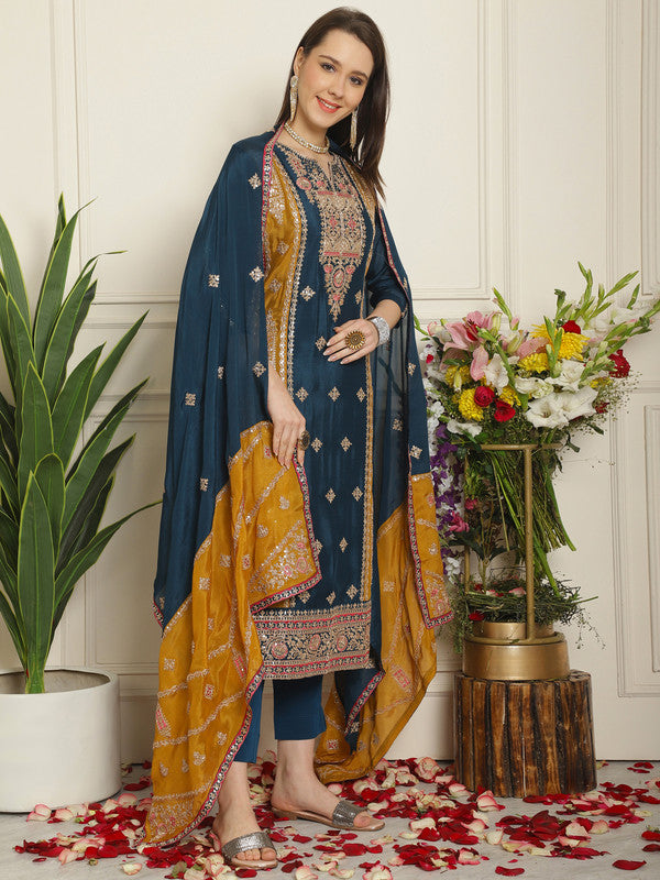 Jyoti Fashion Women's Navy Blue Chinon Chiffon Embroidered Designer Straight Suit Set