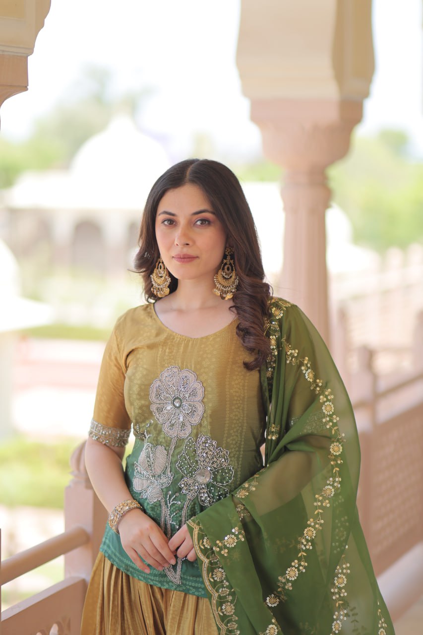 Jyoti Fashion Women's Green Chinon Beads Embroidered Sharara Set with Dupatta