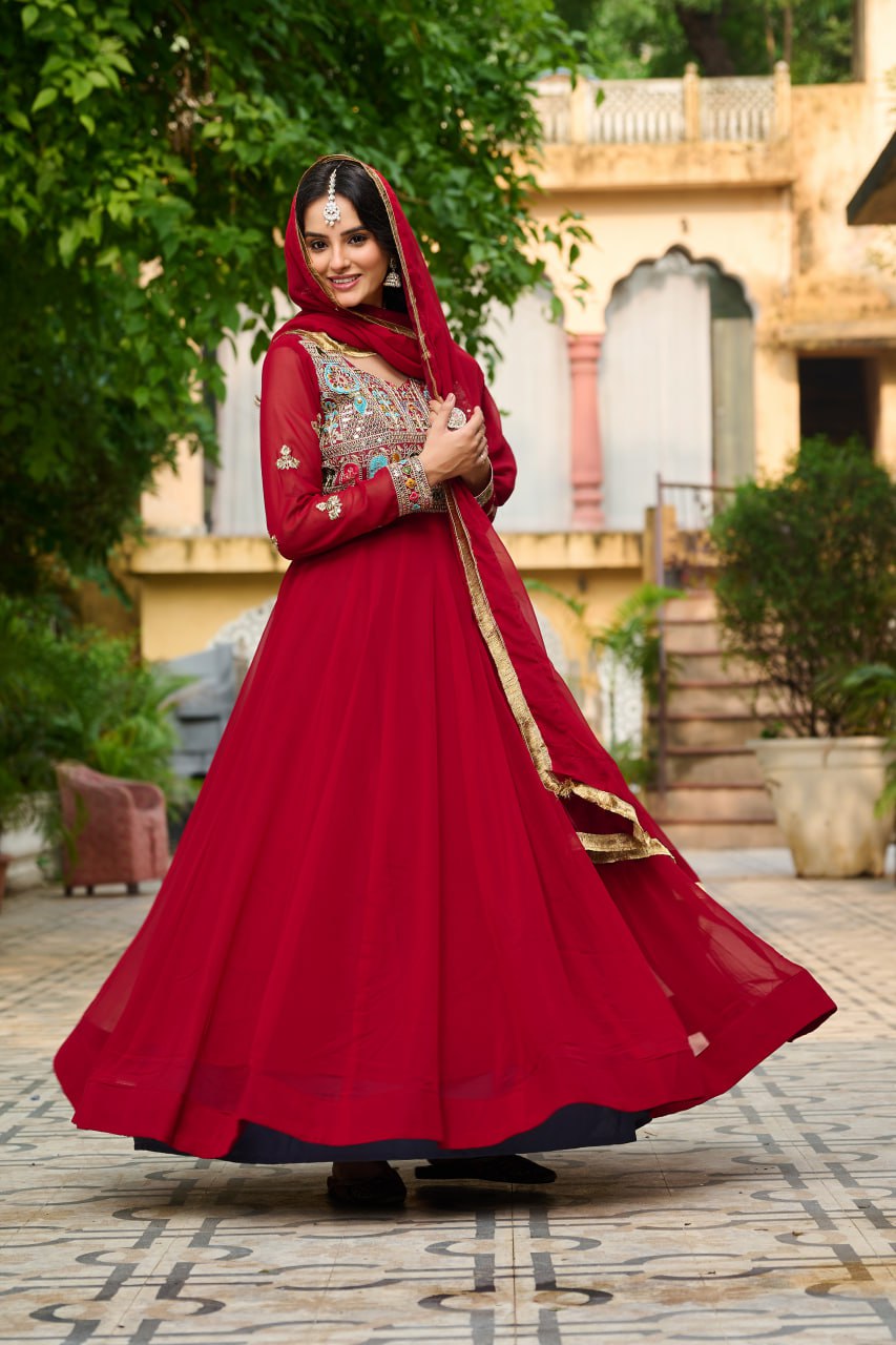 Jyoti Fashion Women's Maroon Faux Blooming Sequins with Thread Embroidered Anarkali Set With Dupatta