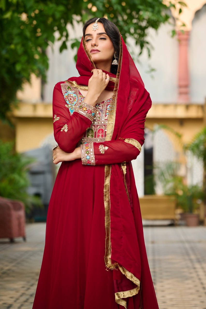 Jyoti Fashion Women's Maroon Faux Blooming Sequins with Thread Embroidered Anarkali Set With Dupatta