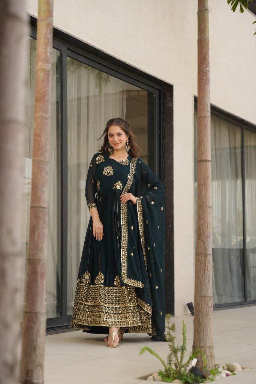 Jyoti Fashion Women's Teal Faux Blooming Zari & Sequins Embroidered Anarkali Set With Dupatta