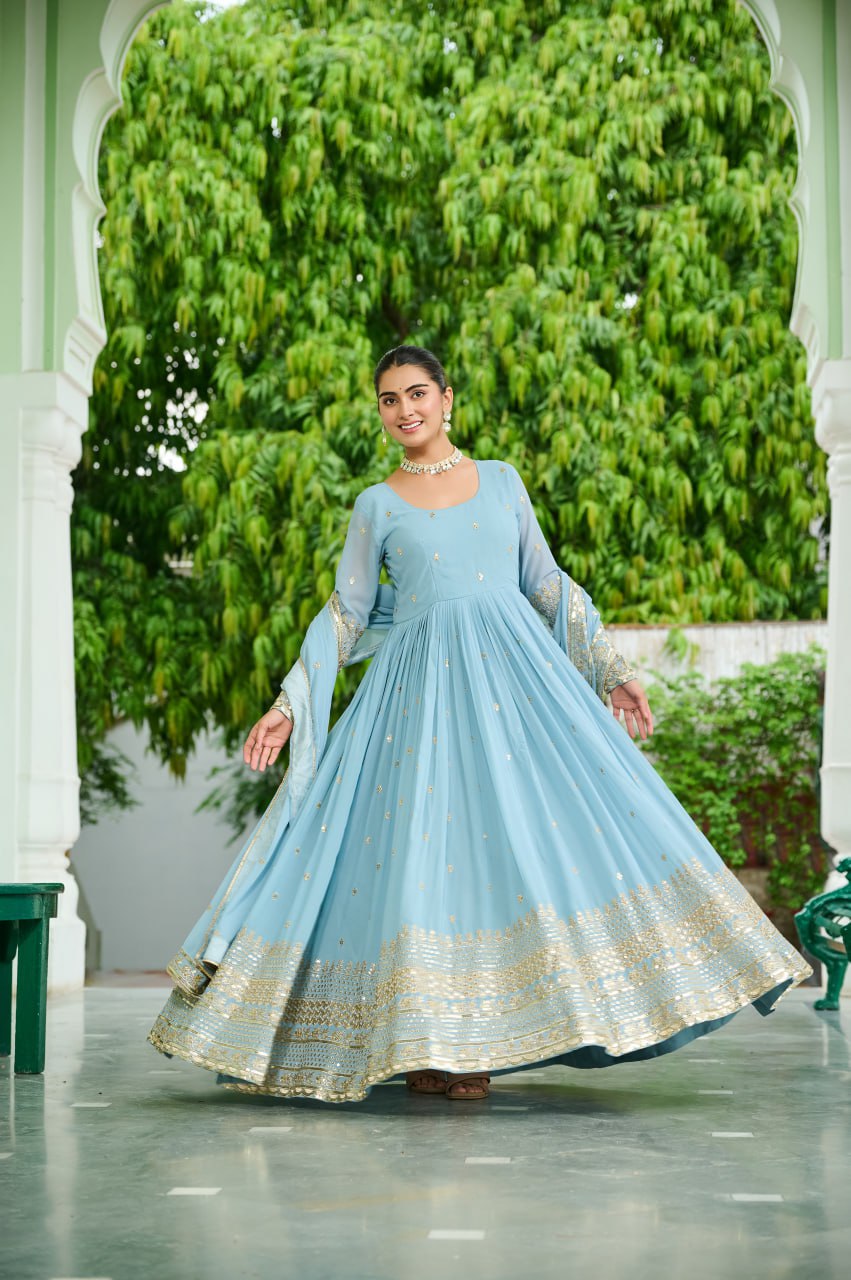Jyoti Fashion Women's Sky Blue Faux Georgette Embroidered Designer Anarkali Set With Dupatta