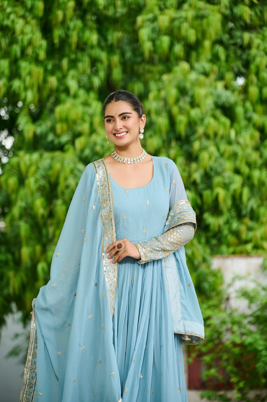 Jyoti Fashion Women's Sky Blue Faux Georgette Embroidered Designer Anarkali Set With Dupatta