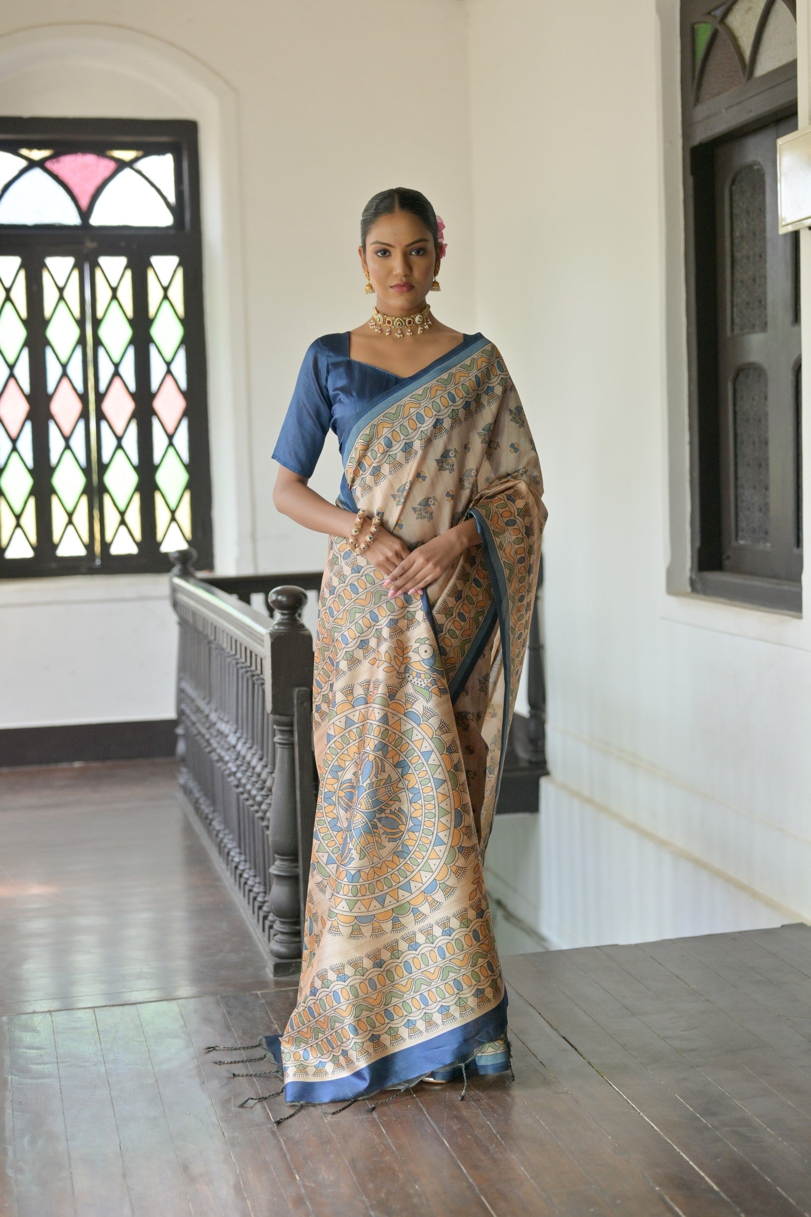 Blue soft tussar silk saree with traditional Madhubani printed designs and unstitched blouse piece