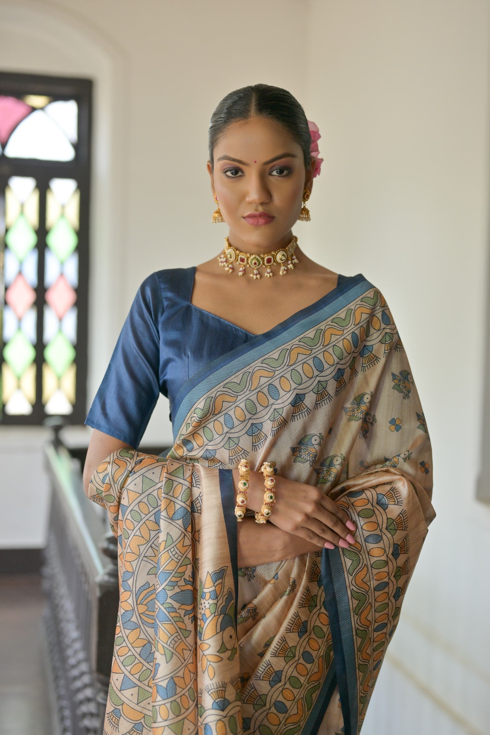 Blue Soft Tussar Silk Designer Saree with Madhubani Print
