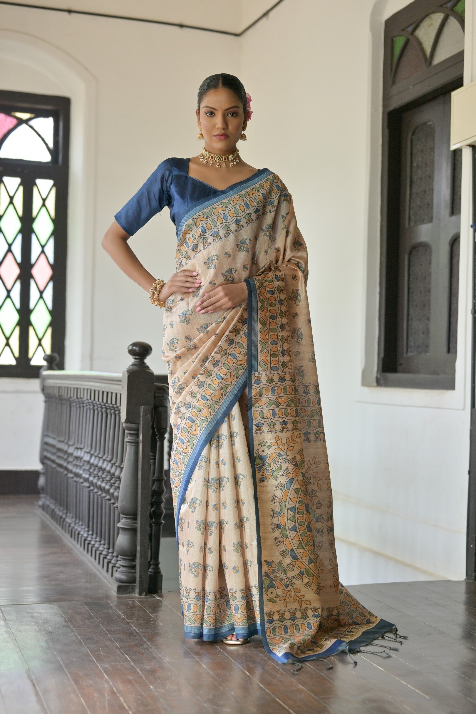 Blue Soft Tussar Silk Designer Saree with Madhubani Print