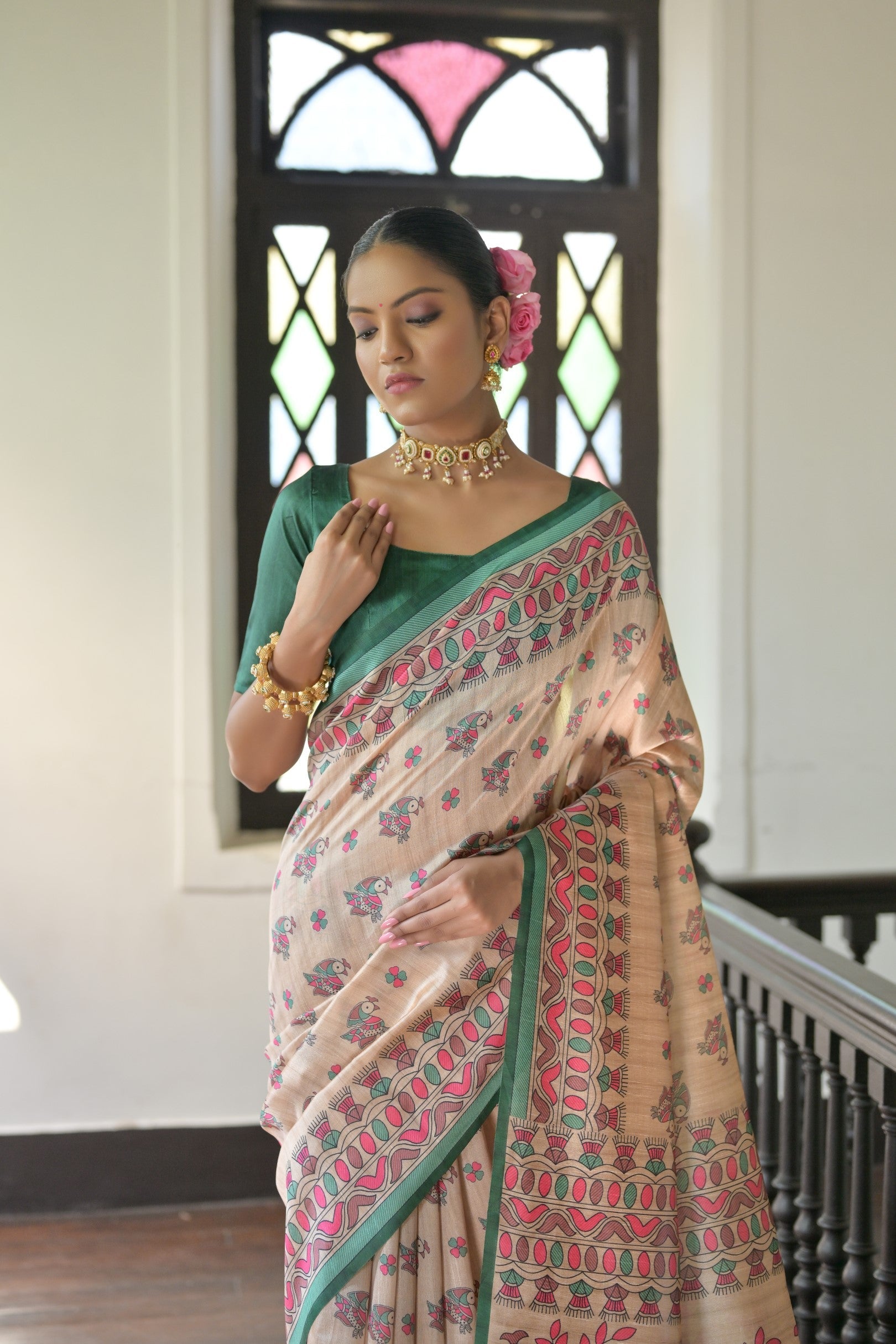 Jyoti Fashion Women's Green Soft Tussar Silk Printed Designer Saree with Blouse