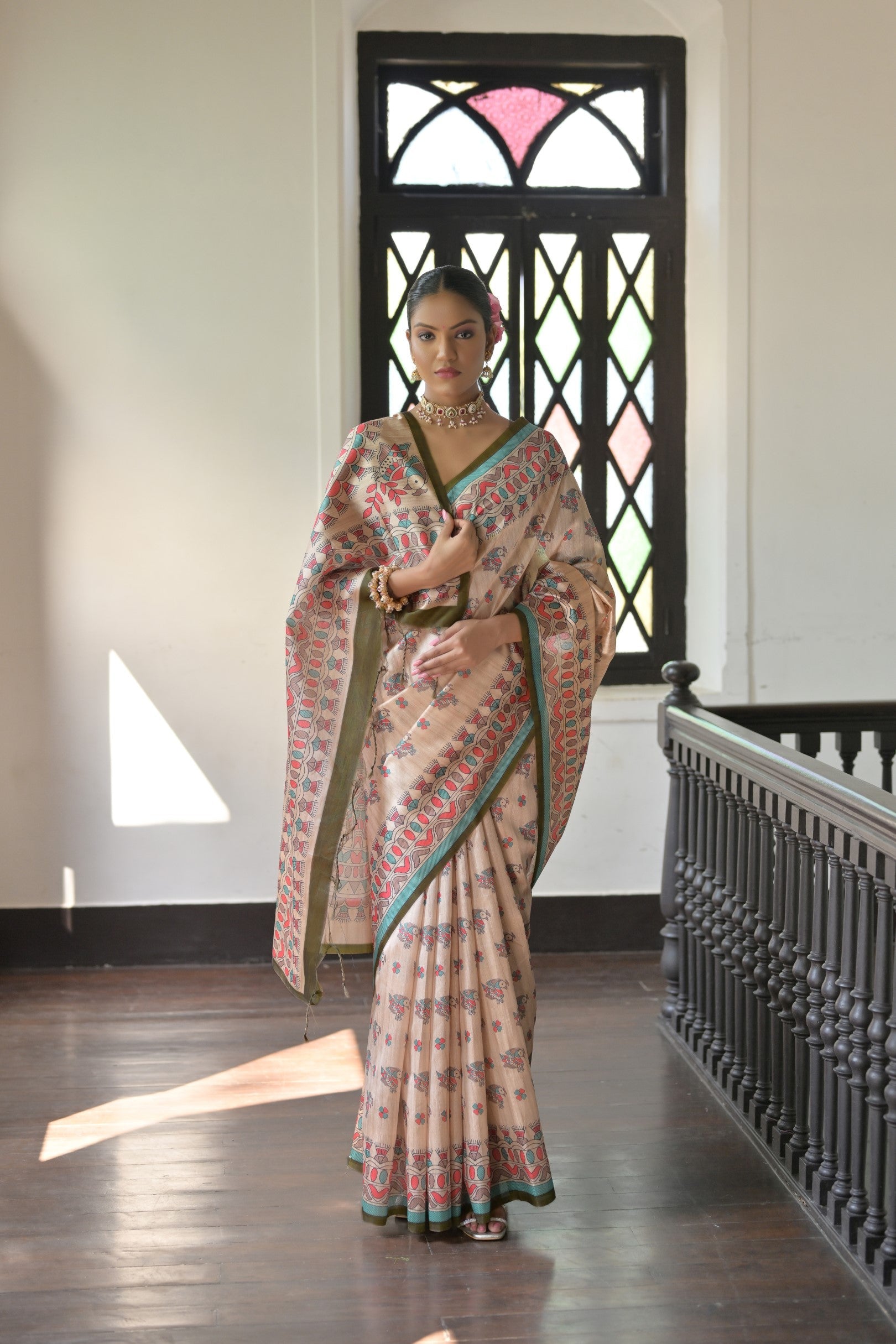 Mehendi Soft Tussar Silk Saree with Madhubani Prints and Blouse