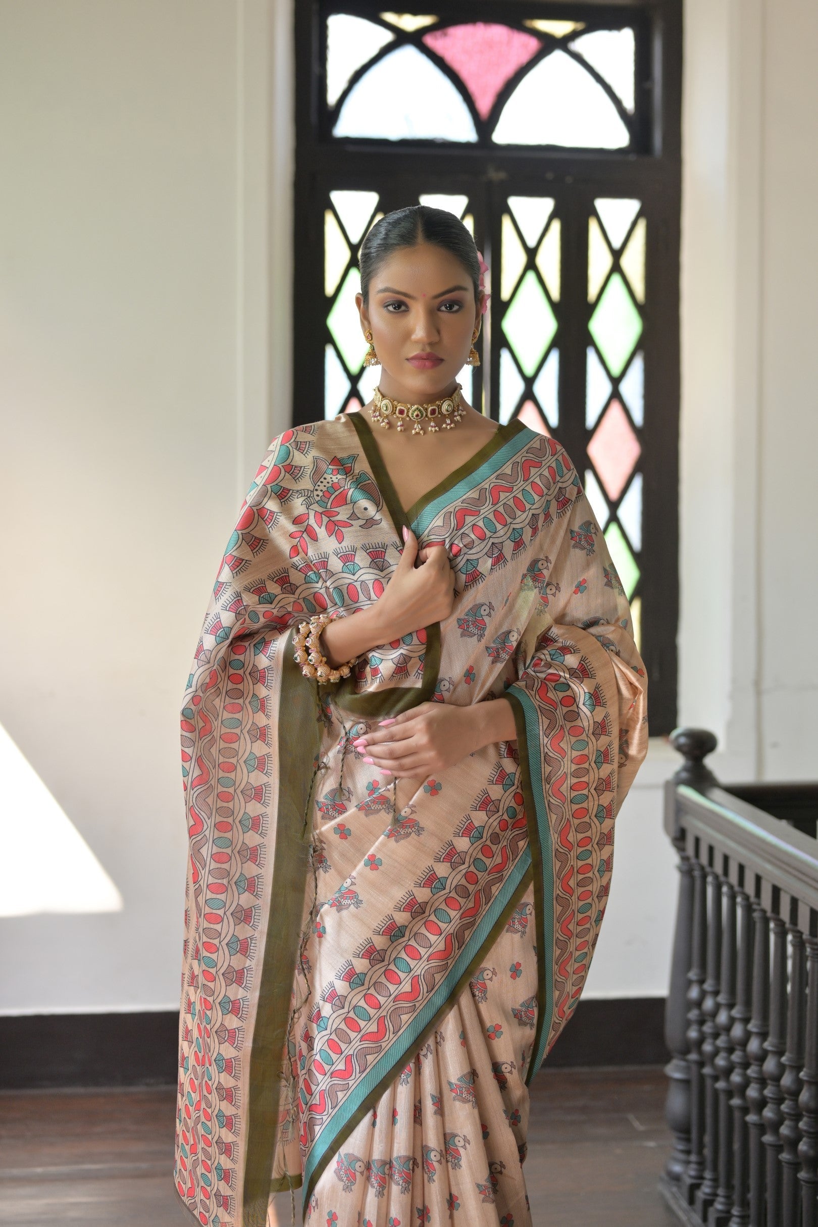 Mehendi Soft Tussar Silk Saree with Madhubani Prints and Blouse